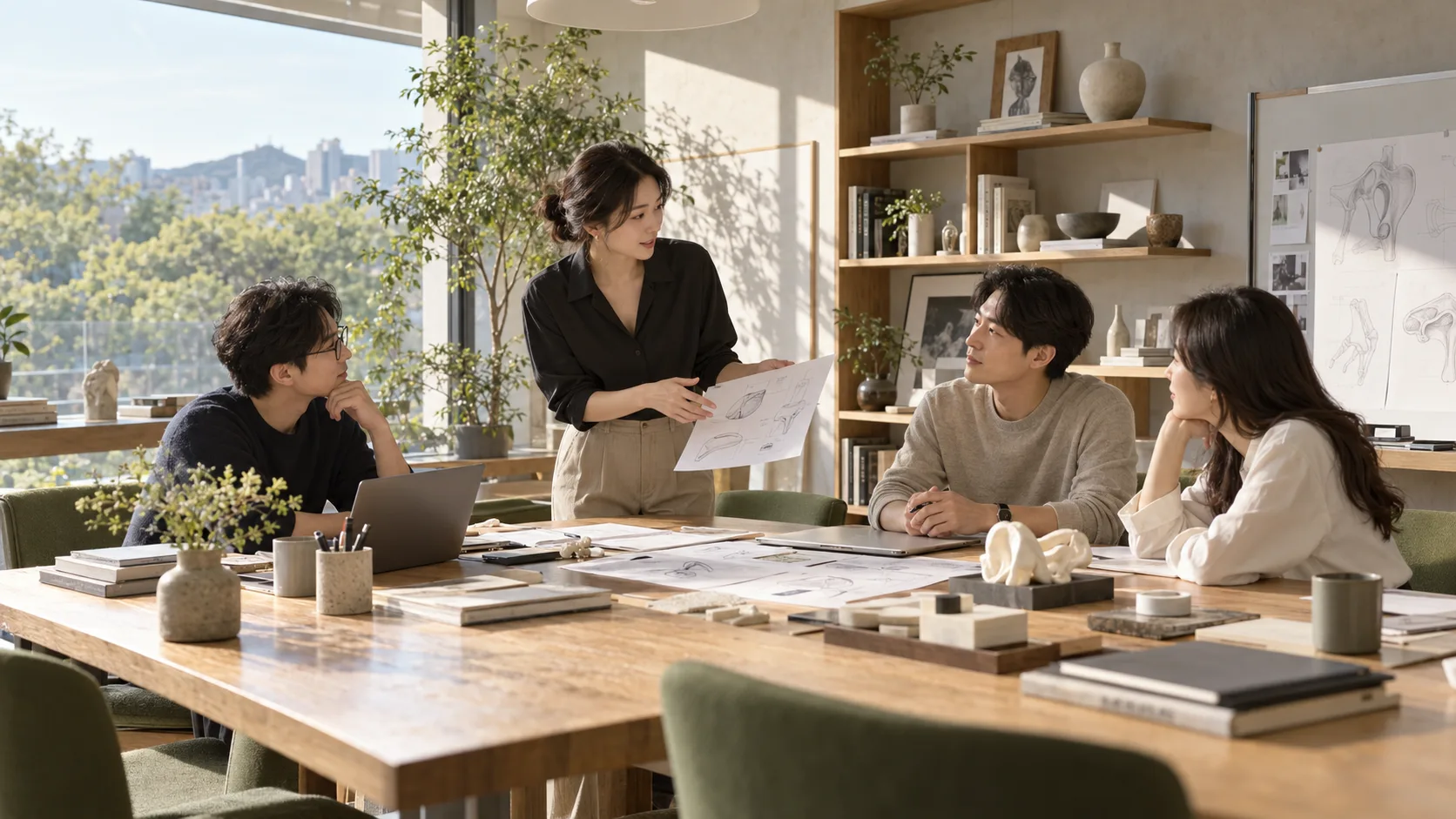 Four people talking over documents at a large table in a bright office