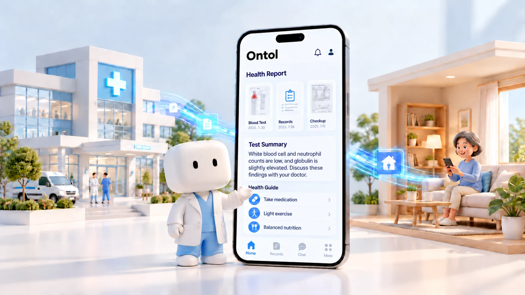 A concept illustration of Ontol presenting a smartphone app between a hospital and home, with light connecting medical records and everyday care
